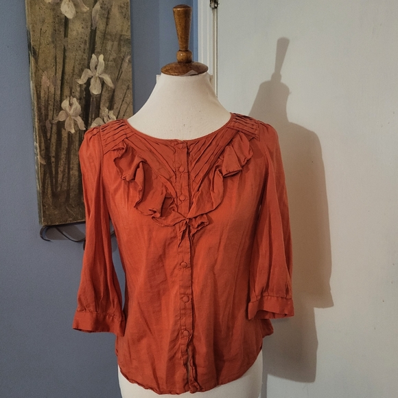 Anthropologie Maeve Top Rust Pleats 3/4 Sleeve Buttons - Picture 2 of 6